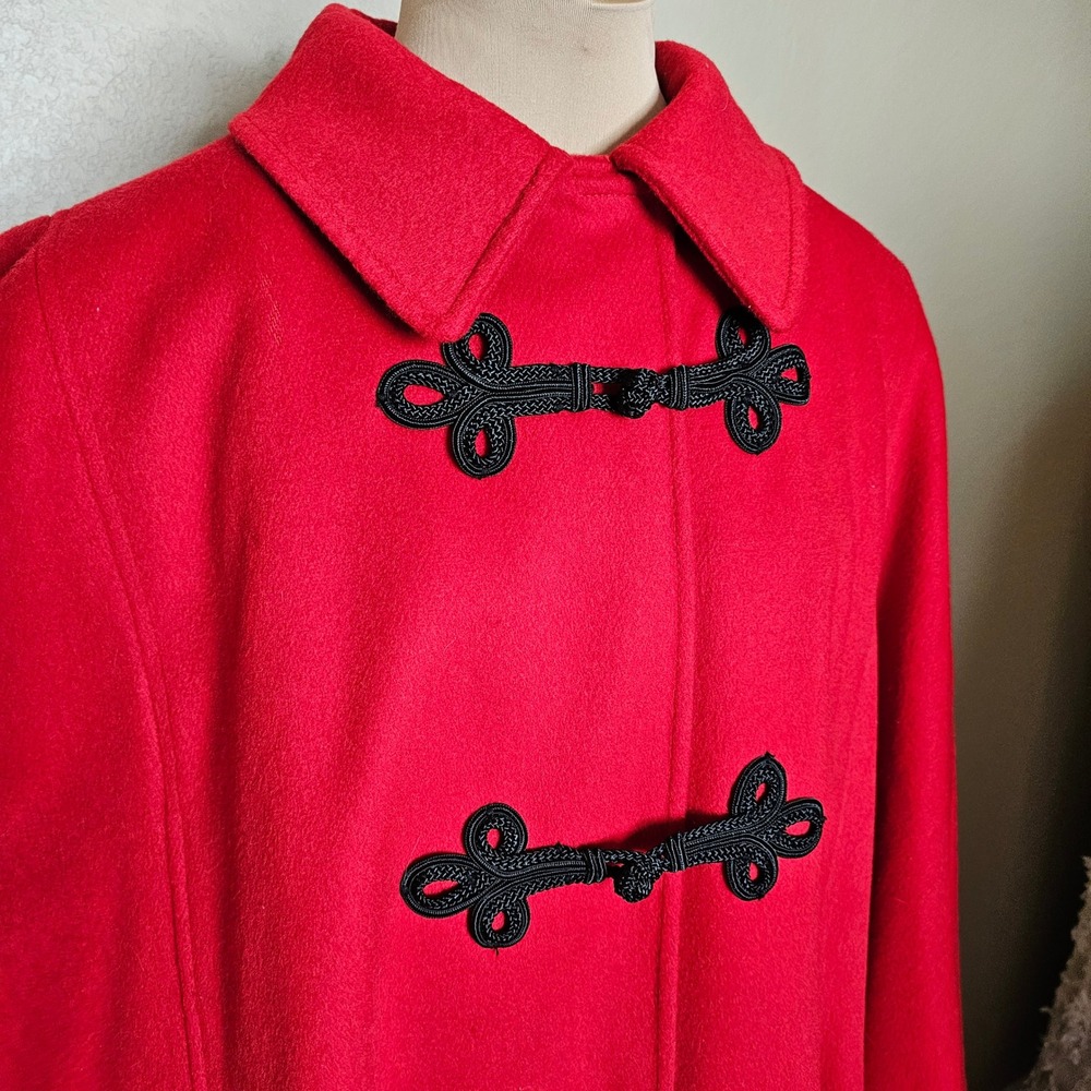 Vintage Red Wool Cape Coat Poncho Toggle Closure Collar Loring Large - Picture 4 of 16